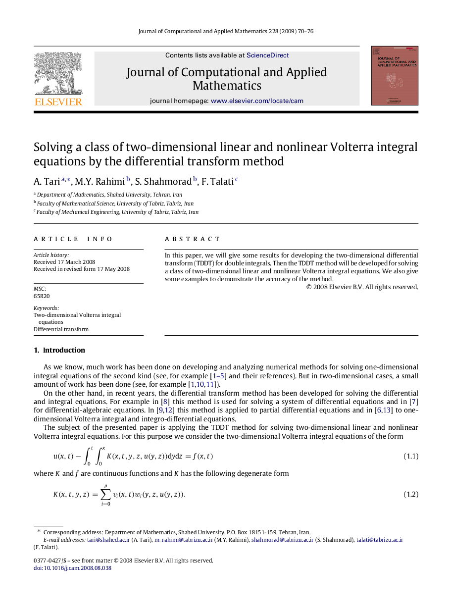 Solving a class of two-dimensional linear and nonlinear Volterra integral equations by the differential transform method