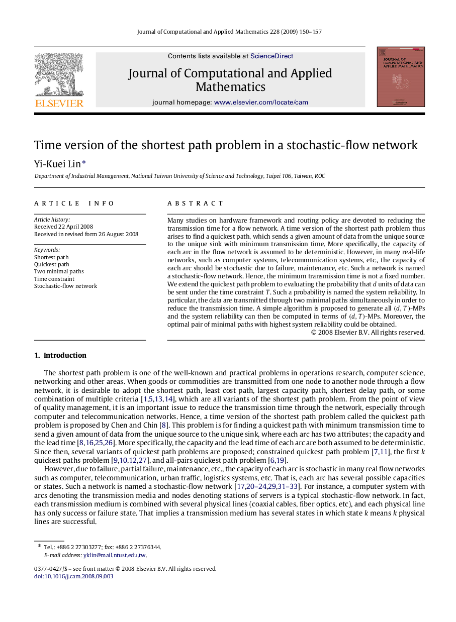 Time version of the shortest path problem in a stochastic-flow network