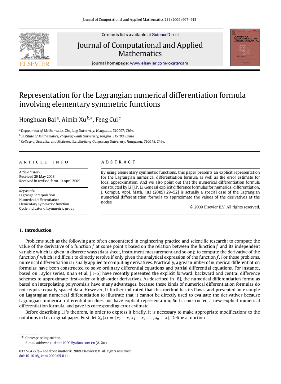 Representation for the Lagrangian numerical differentiation formula involving elementary symmetric functions