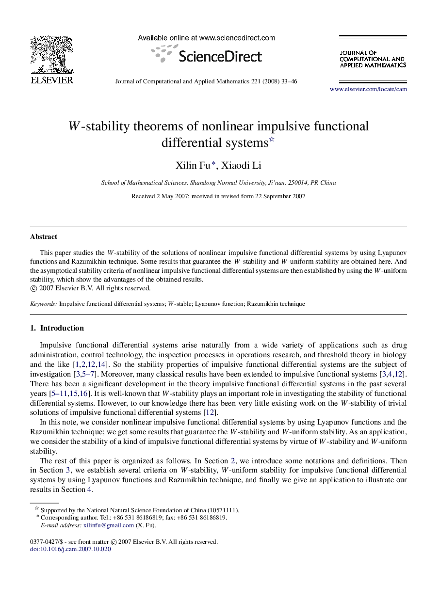 W-stability theorems of nonlinear impulsive functional differential systems