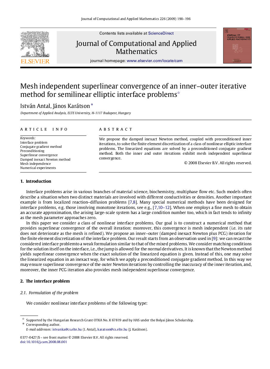 Mesh independent superlinear convergence of an inner-outer iterative method for semilinear elliptic interface problems