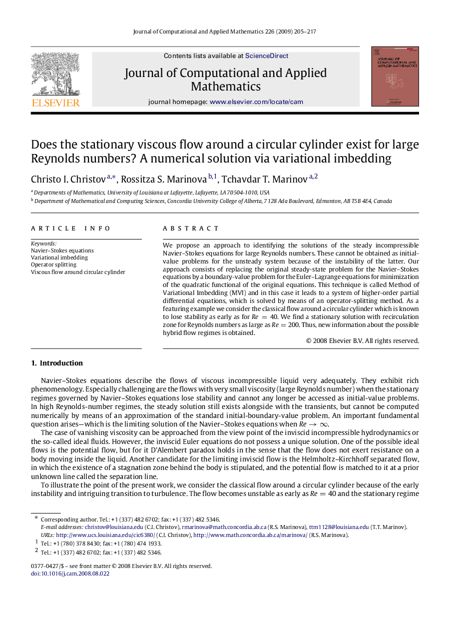 Does the stationary viscous flow around a circular cylinder exist for large Reynolds numbers? A numerical solution via variational imbedding