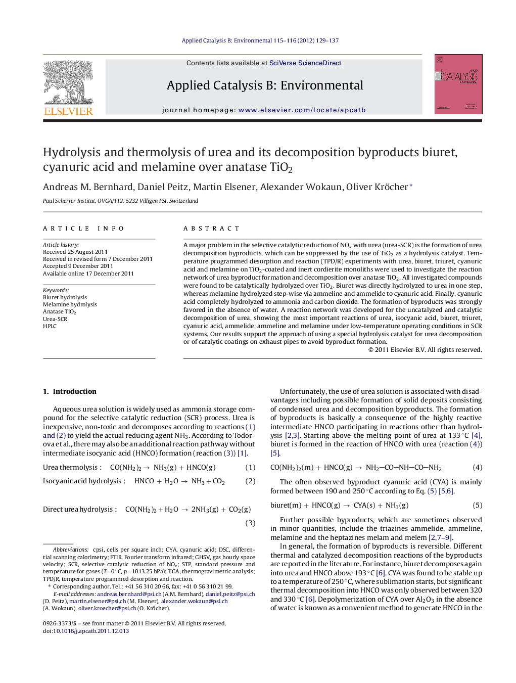 Hydrolysis and thermolysis of urea and its decomposition byproducts biuret, cyanuric acid and melamine over anatase TiO2