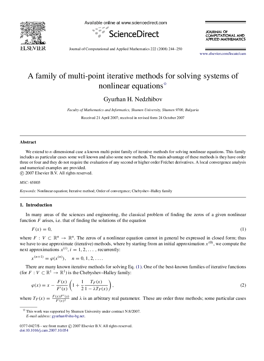 A family of multi-point iterative methods for solving systems of nonlinear equations 