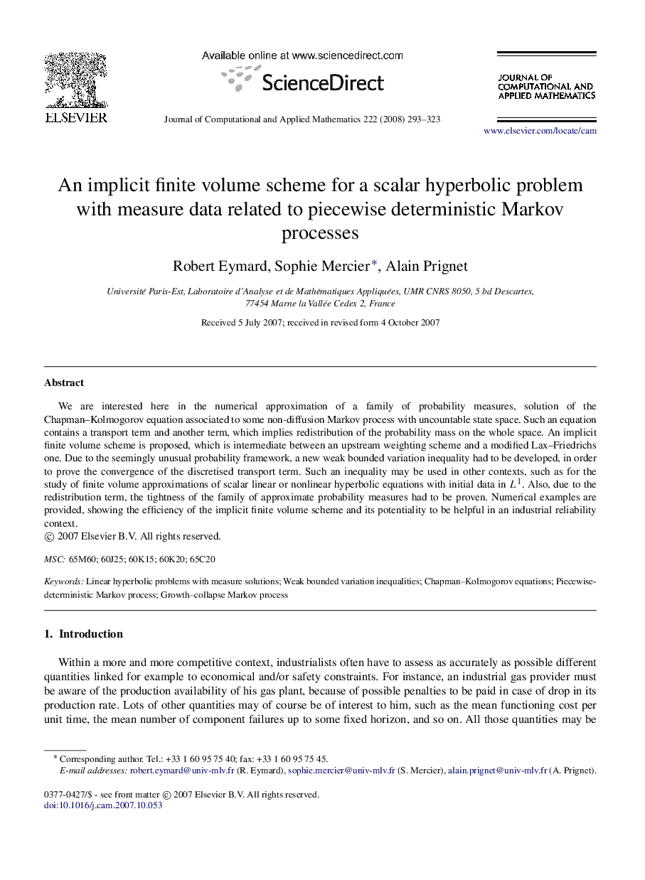 An implicit finite volume scheme for a scalar hyperbolic problem with measure data related to piecewise deterministic Markov processes