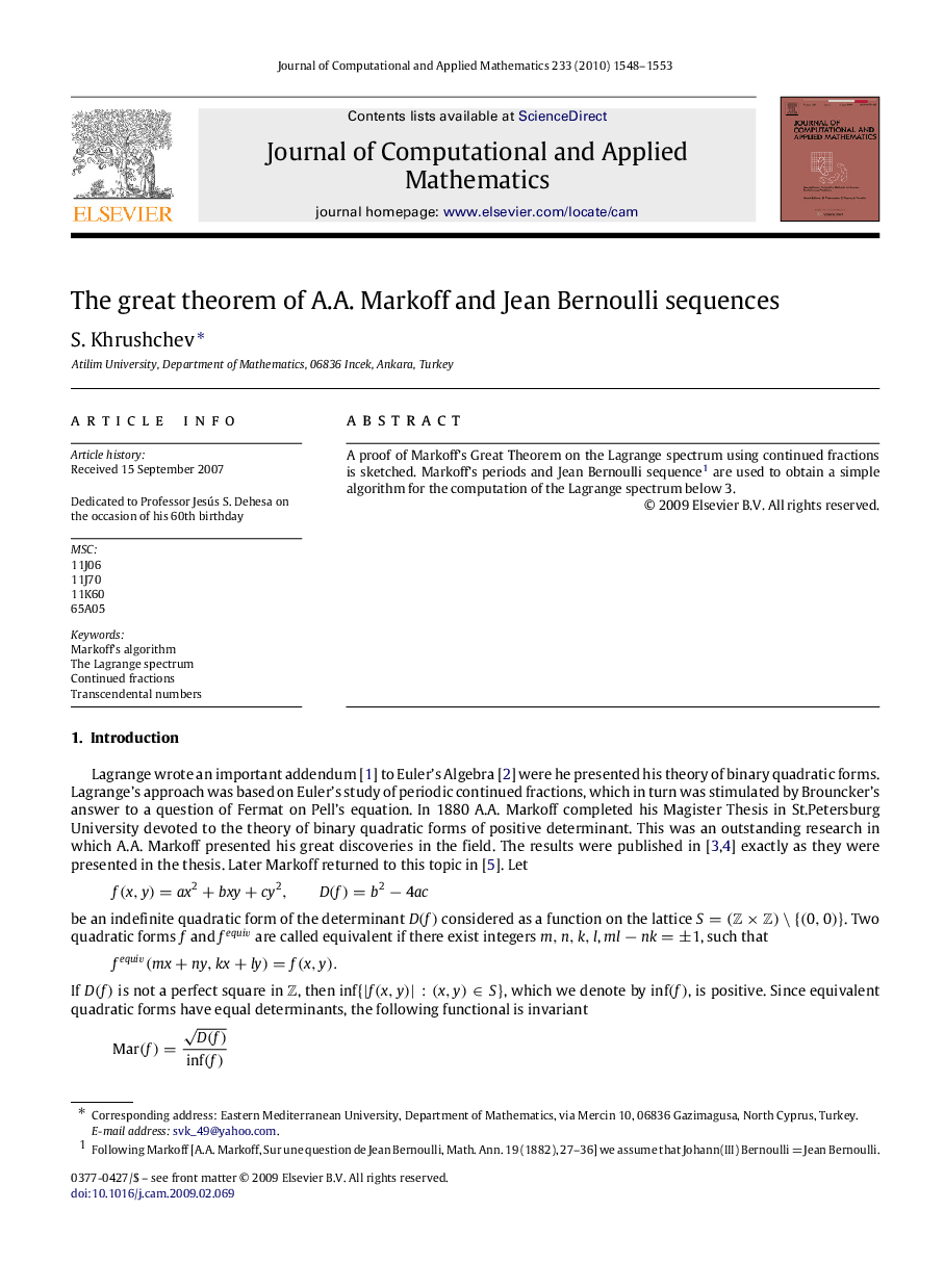 The great theorem of A.A. Markoff and Jean Bernoulli sequences