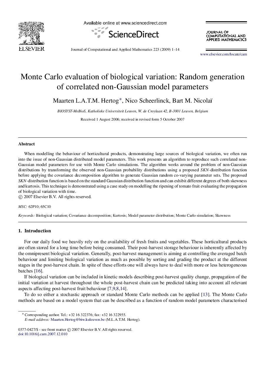 Monte Carlo evaluation of biological variation: Random generation of correlated non-Gaussian model parameters