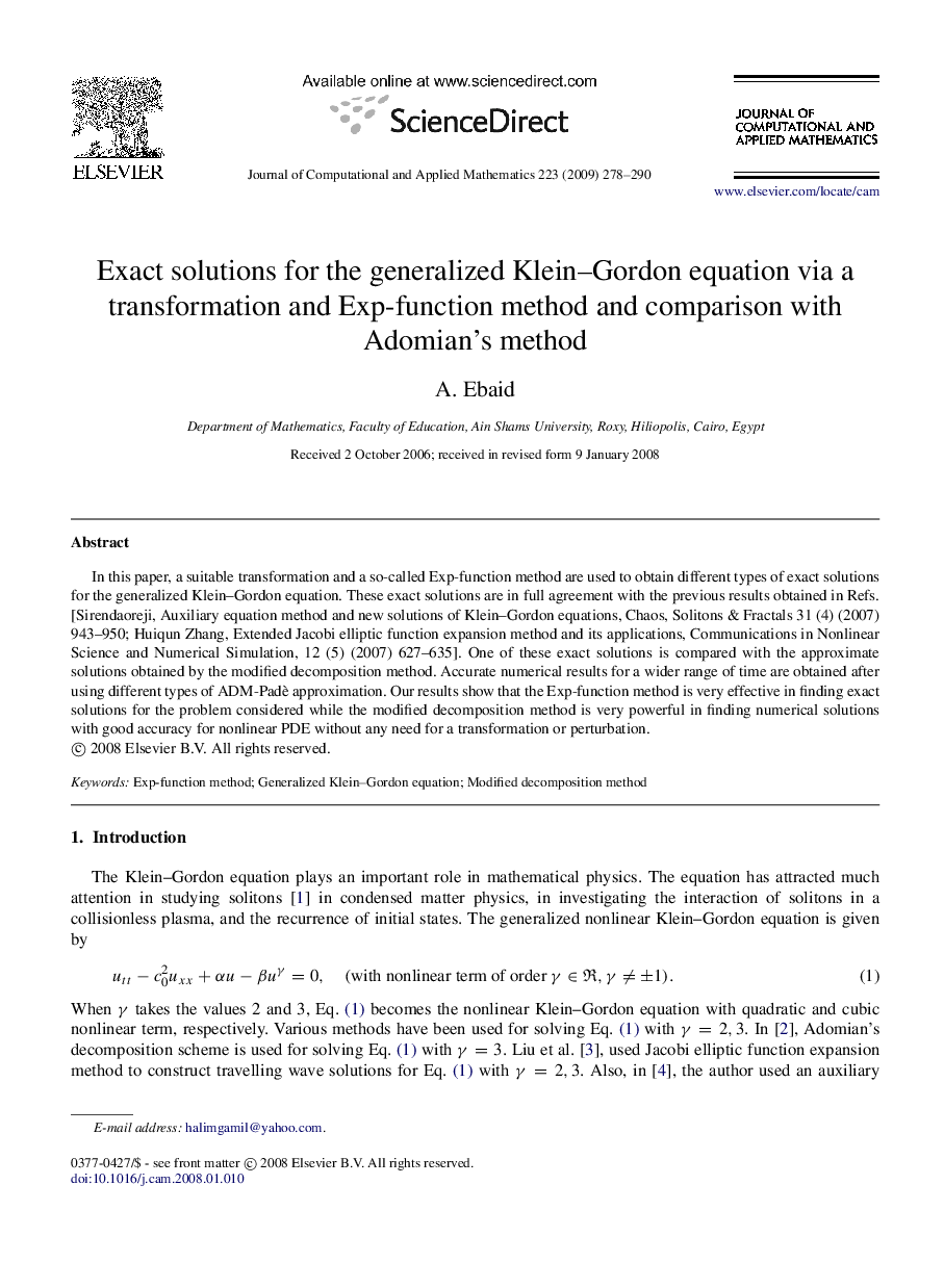 Exact solutions for the generalized Klein–Gordon equation via a transformation and Exp-function method and comparison with Adomian’s method