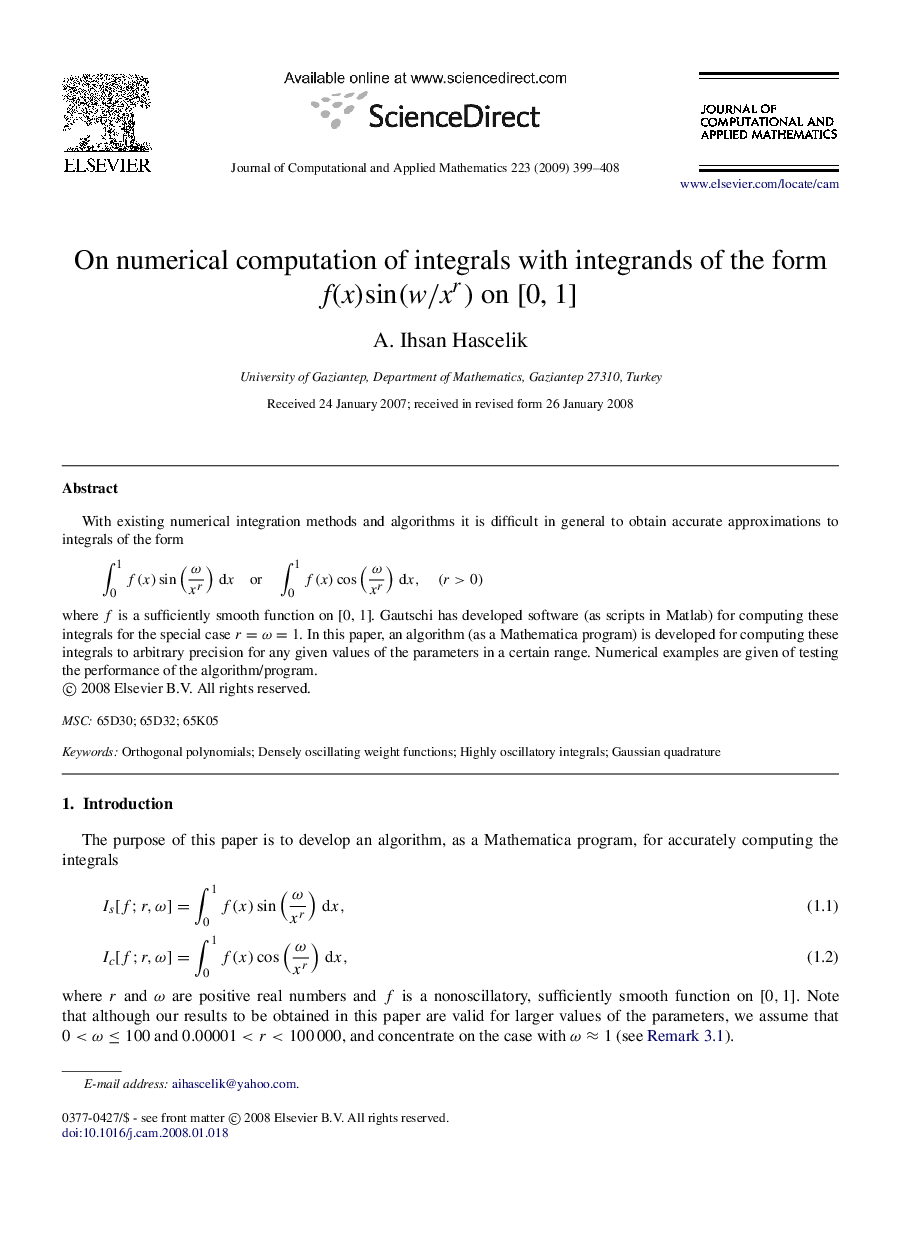 On numerical computation of integrals with integrands of the form f(x)sin(w/xr) on [0, 1]