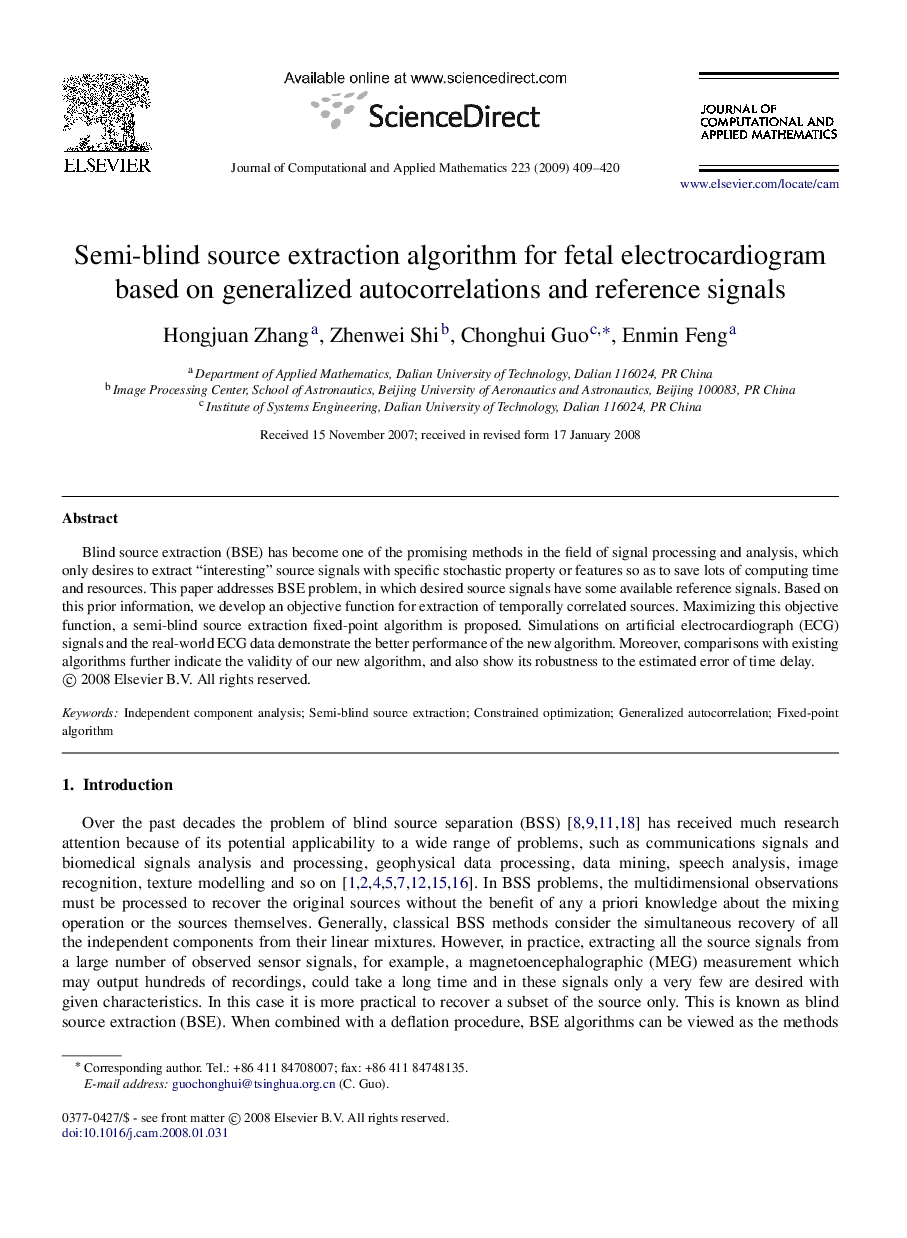 Semi-blind source extraction algorithm for fetal electrocardiogram based on generalized autocorrelations and reference signals