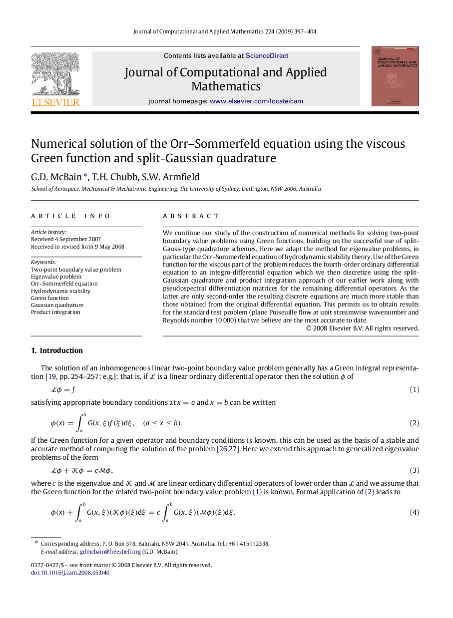 Numerical solution of the Orr–Sommerfeld equation using the viscous Green function and split-Gaussian quadrature