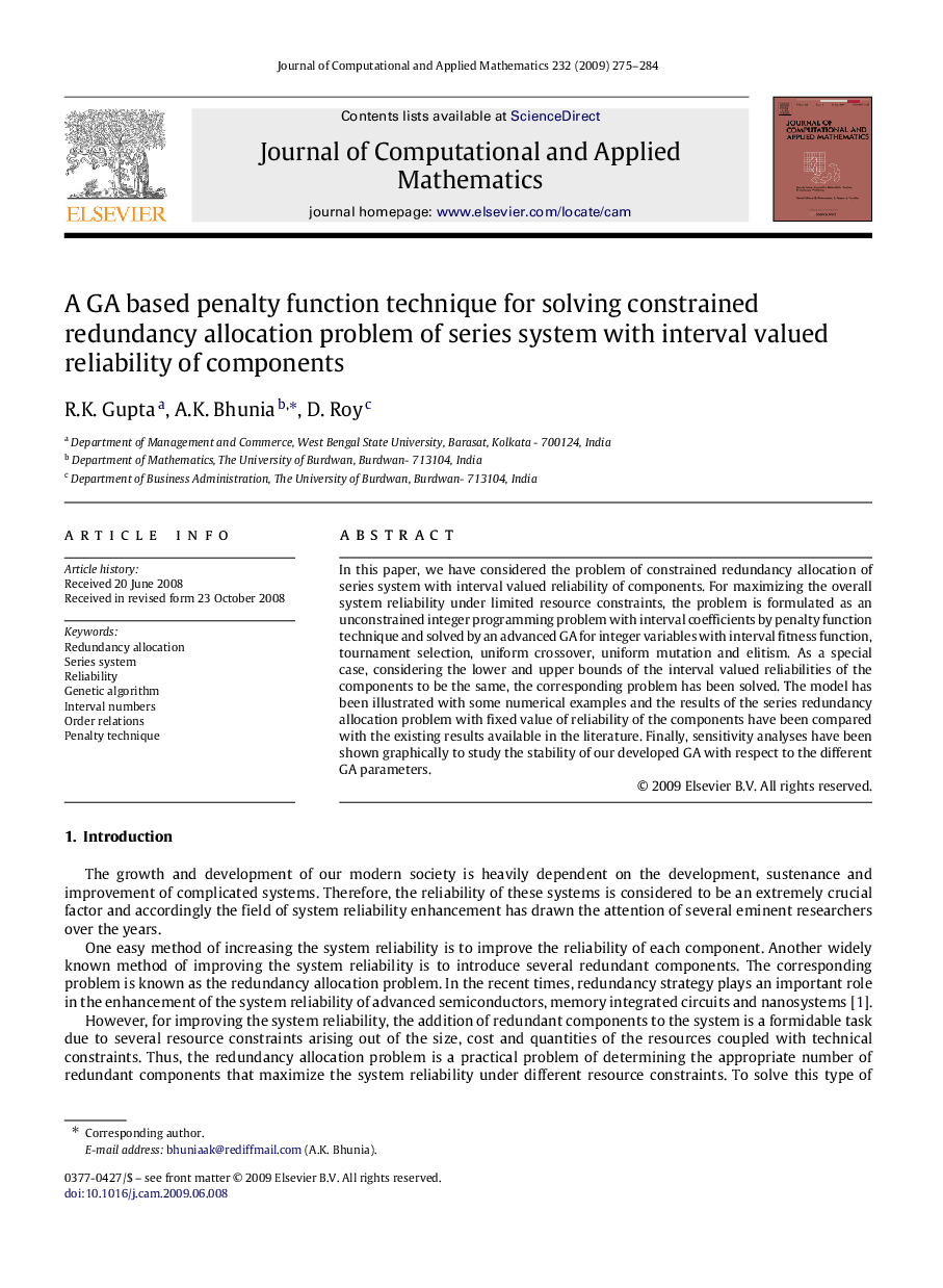 A GA based penalty function technique for solving constrained redundancy allocation problem of series system with interval valued reliability of components