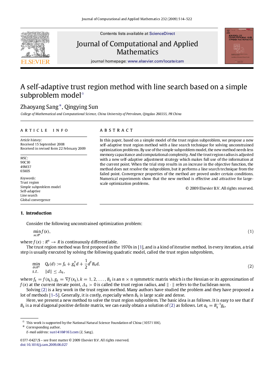 A self-adaptive trust region method with line search based on a simple subproblem model 