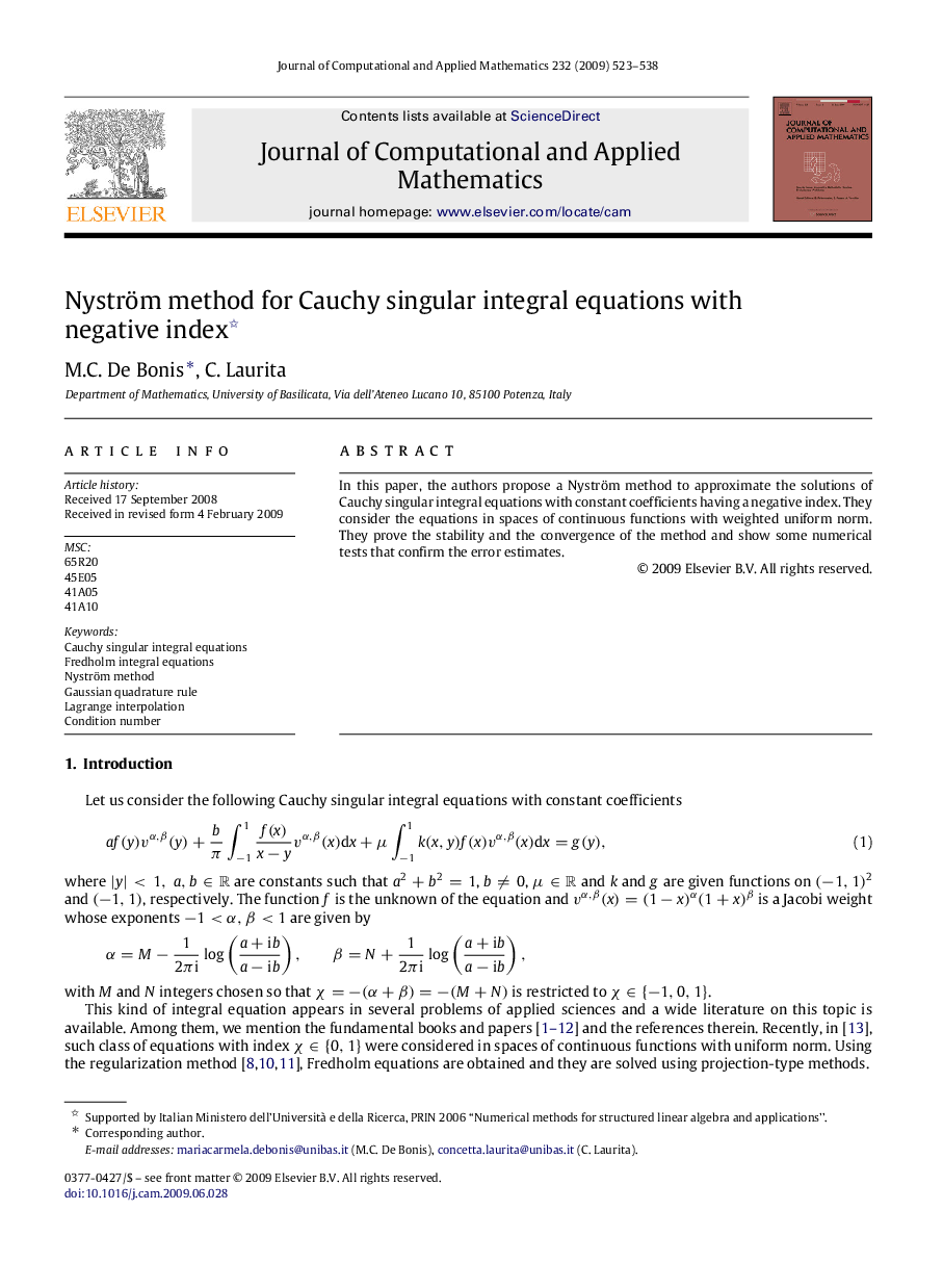 Nyström method for Cauchy singular integral equations with negative index 