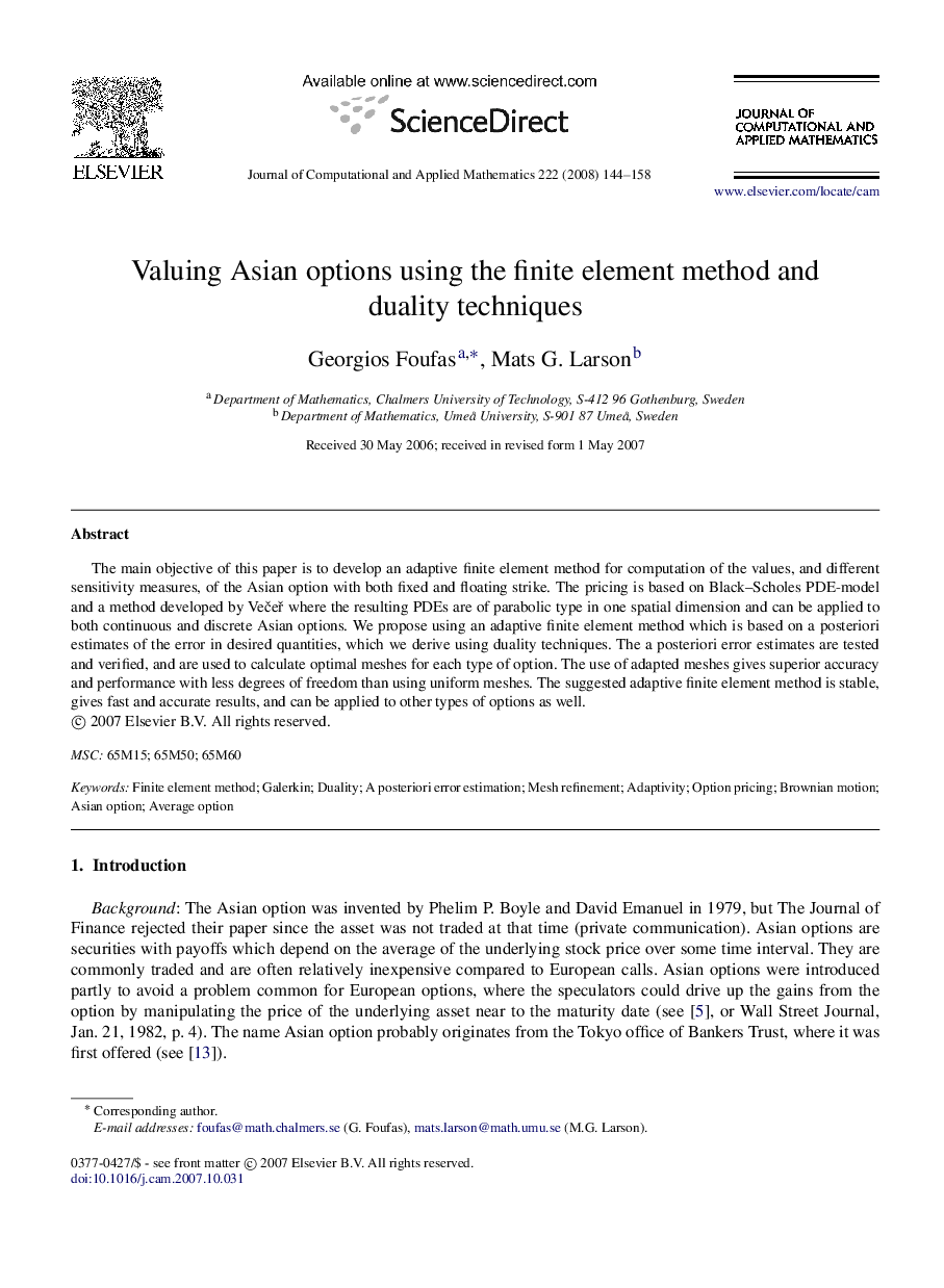 Valuing Asian options using the finite element method and duality techniques