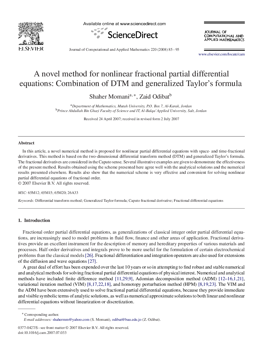 A novel method for nonlinear fractional partial differential equations: Combination of DTM and generalized Taylor's formula