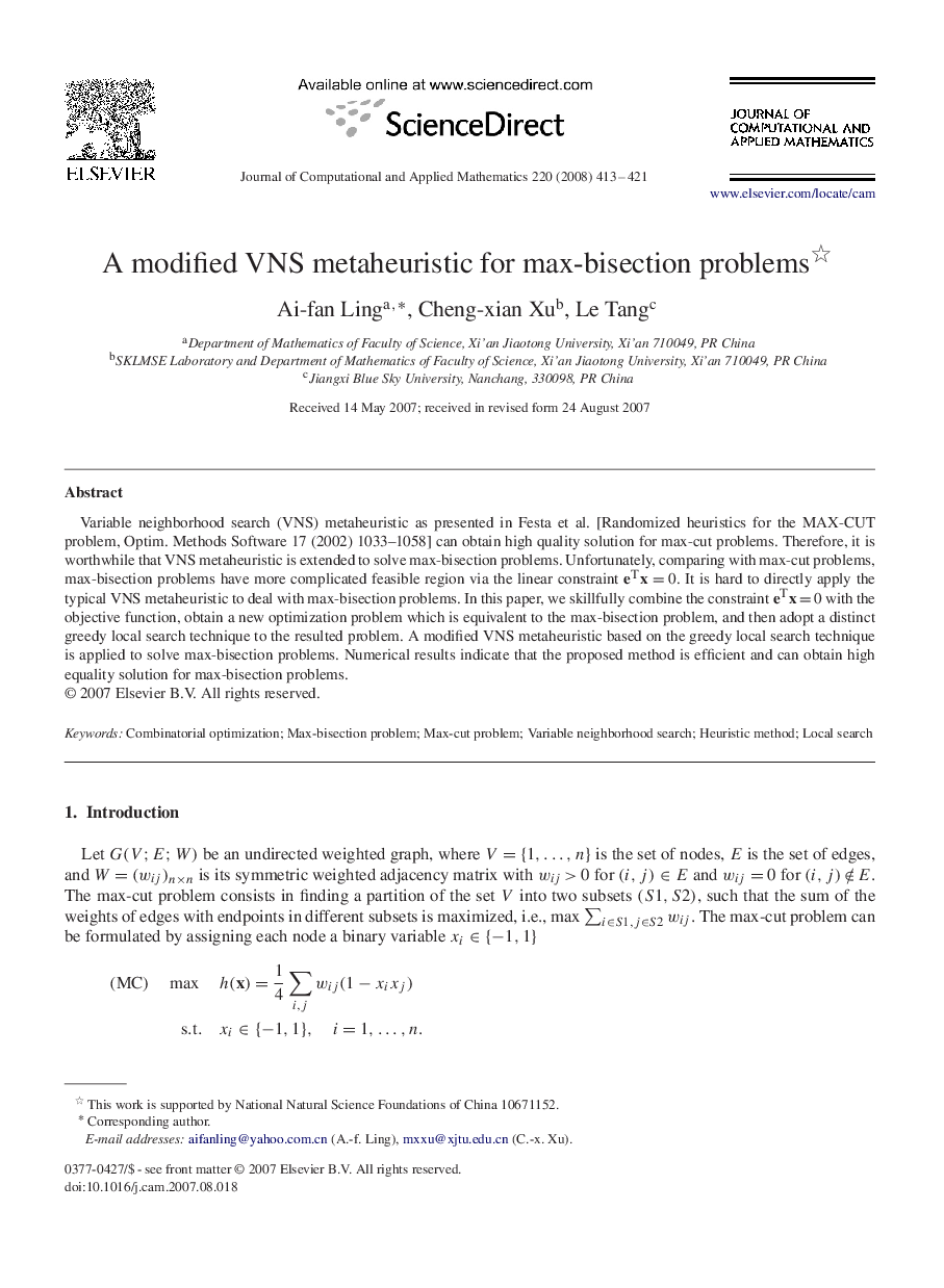 A modified VNS metaheuristic for max-bisection problems 