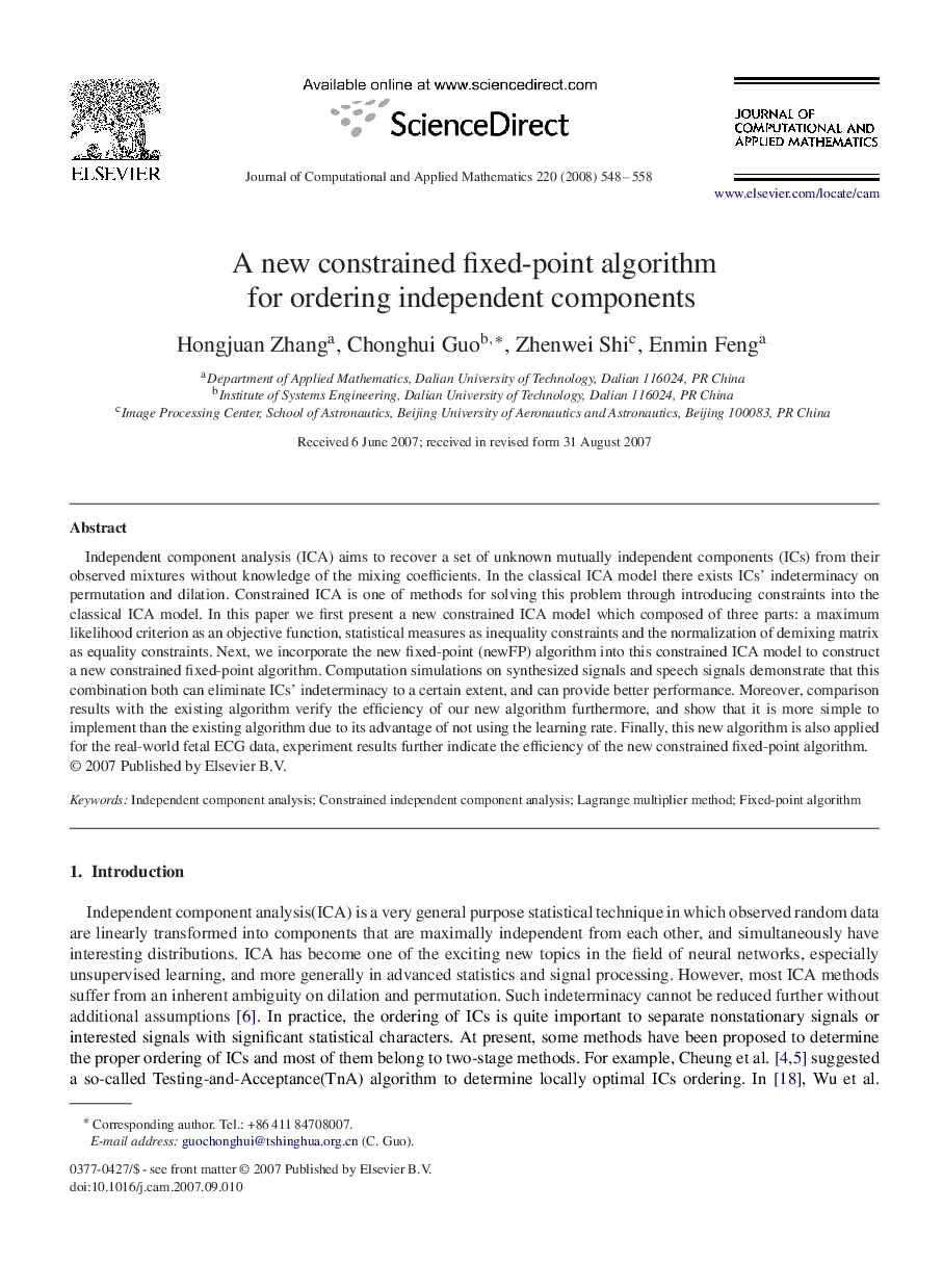 A new constrained fixed-point algorithm for ordering independent components