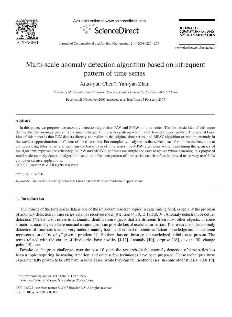 Multi-scale anomaly detection algorithm based on infrequent pattern of time series