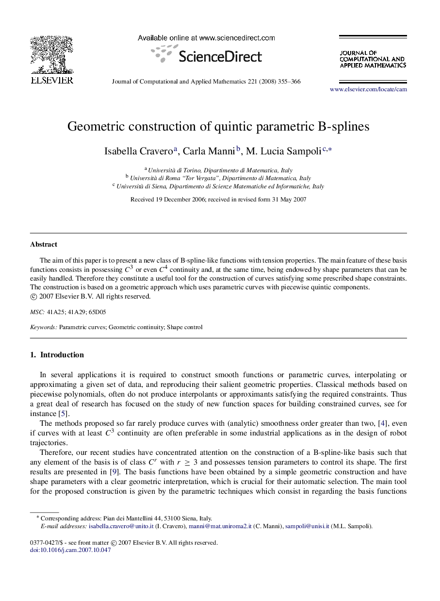 Geometric construction of quintic parametric B-splines