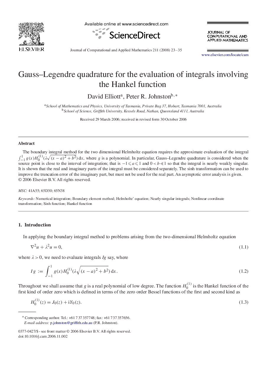 Gauss–Legendre quadrature for the evaluation of integrals involving the Hankel function