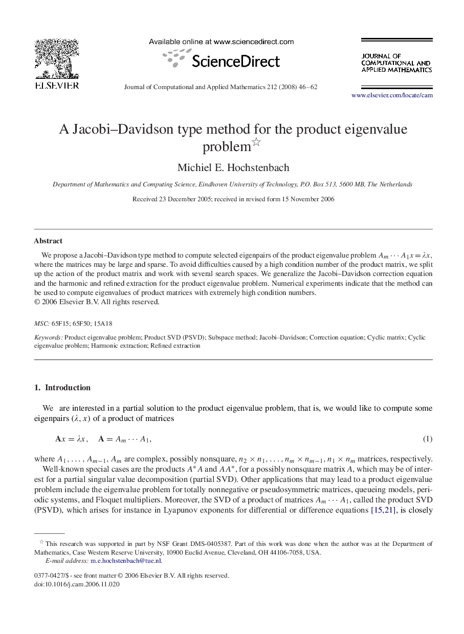 A Jacobi–Davidson type method for the product eigenvalue problem 