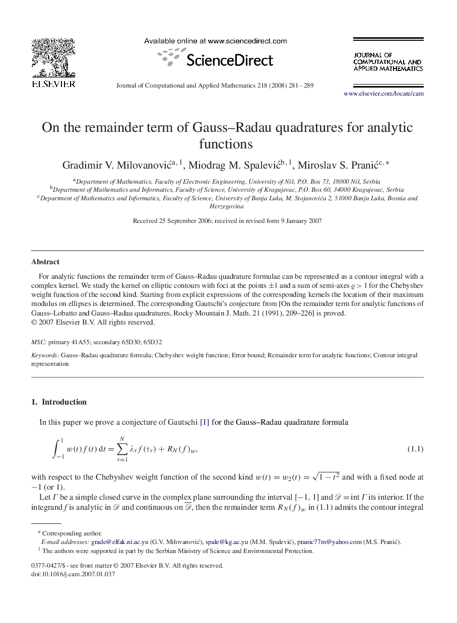 On the remainder term of Gauss-Radau quadratures for analytic functions