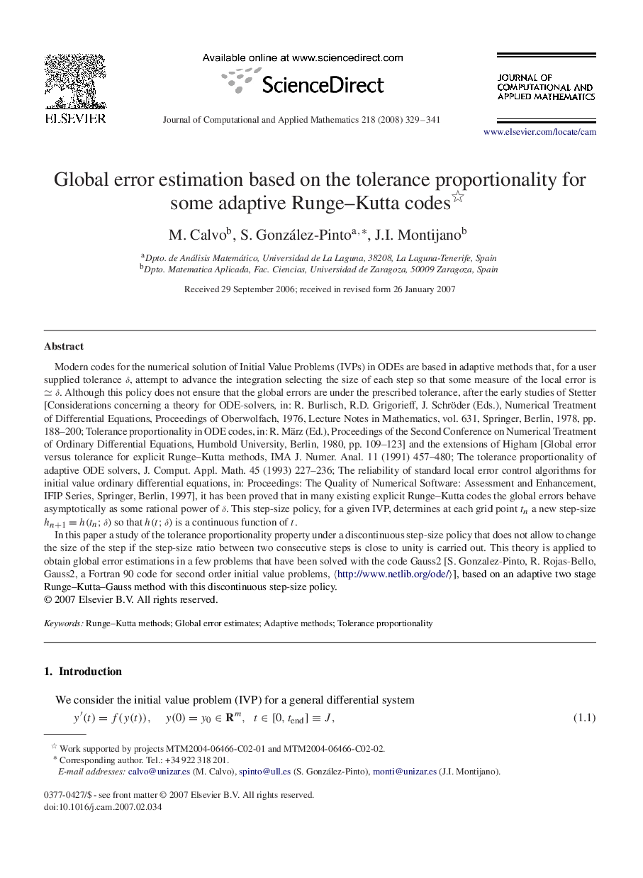 Global error estimation based on the tolerance proportionality for some adaptive Runge–Kutta codes 