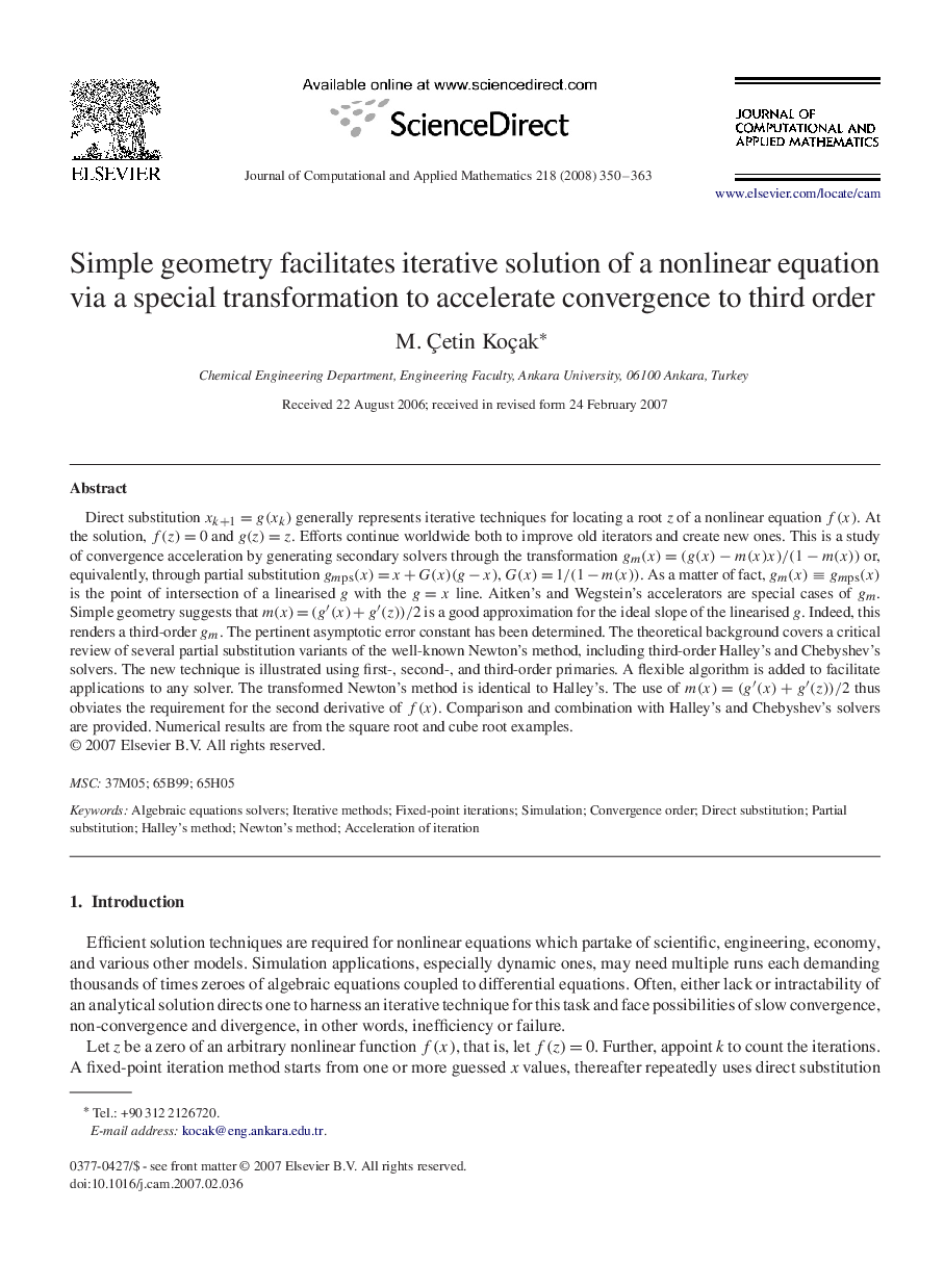 Simple geometry facilitates iterative solution of a nonlinear equation via a special transformation to accelerate convergence to third order