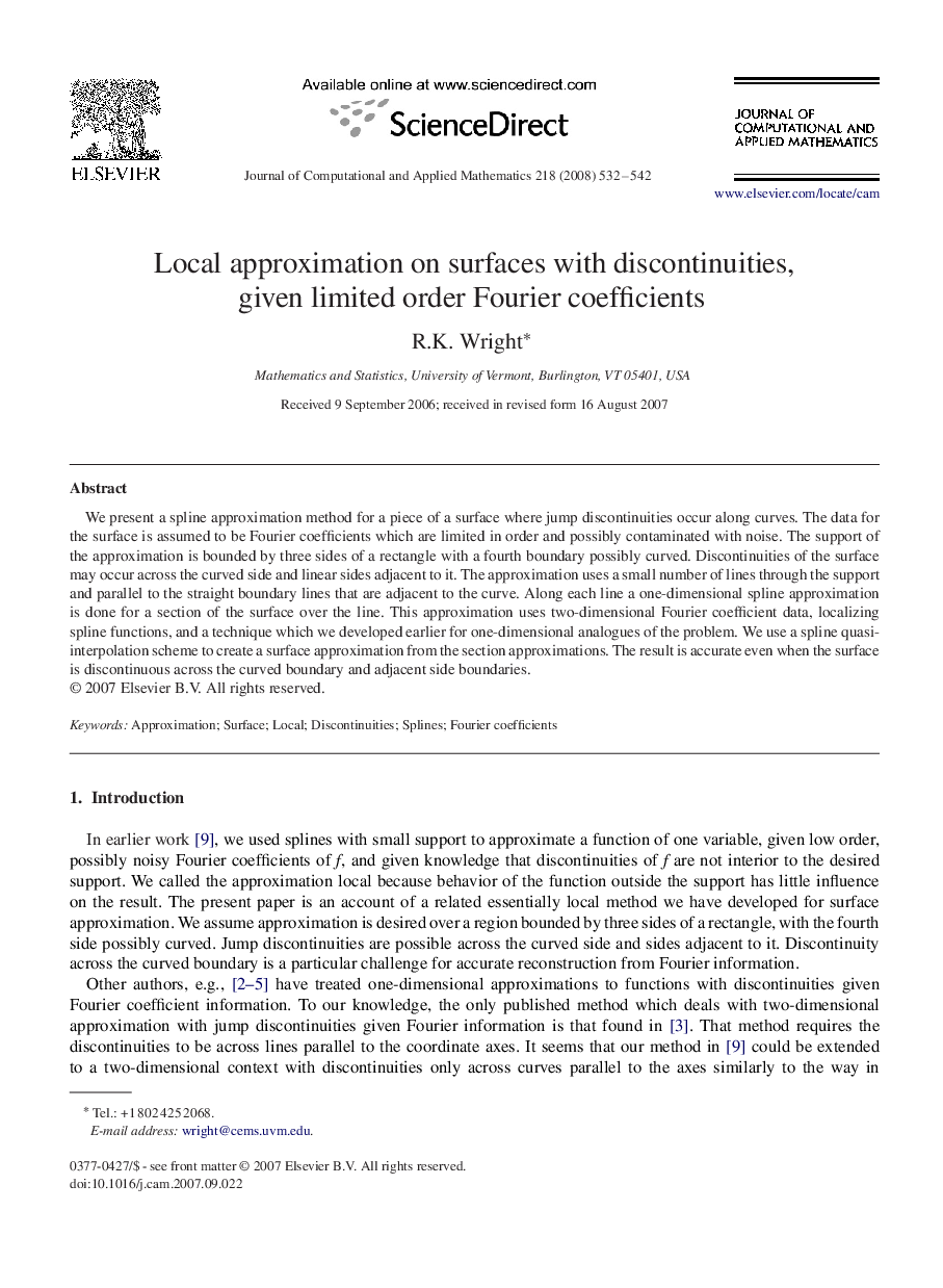 Local approximation on surfaces with discontinuities, given limited order Fourier coefficients