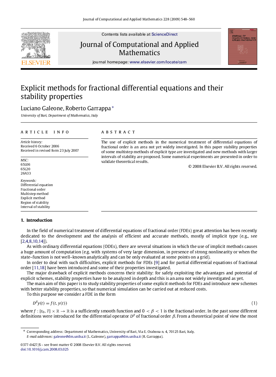 Explicit methods for fractional differential equations and their stability properties