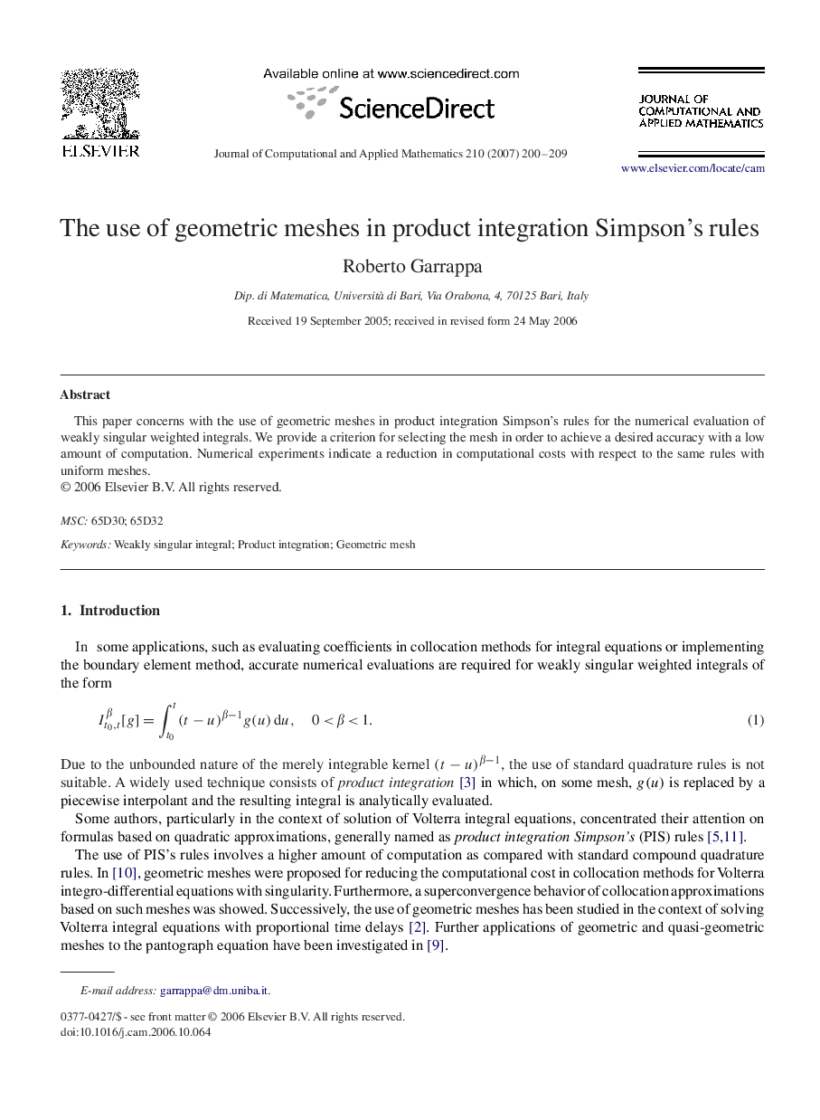 The use of geometric meshes in product integration Simpson's rules