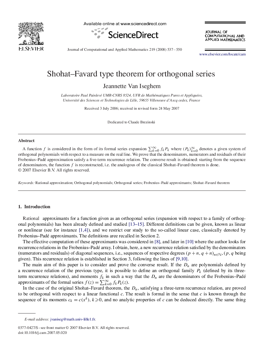 Shohat–Favard type theorem for orthogonal series