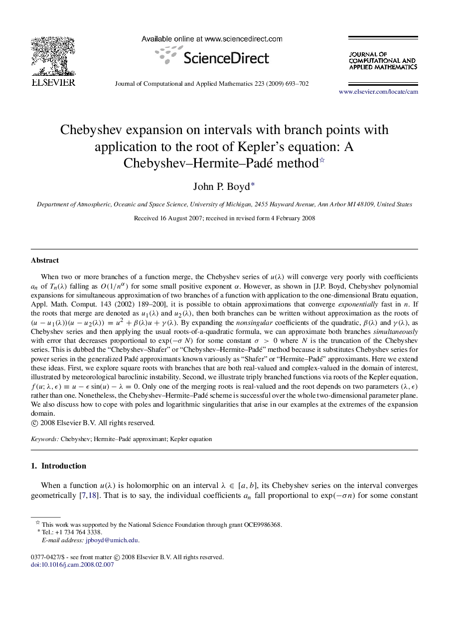 Chebyshev expansion on intervals with branch points with application to the root of Kepler’s equation: A Chebyshev–Hermite–Padé method 