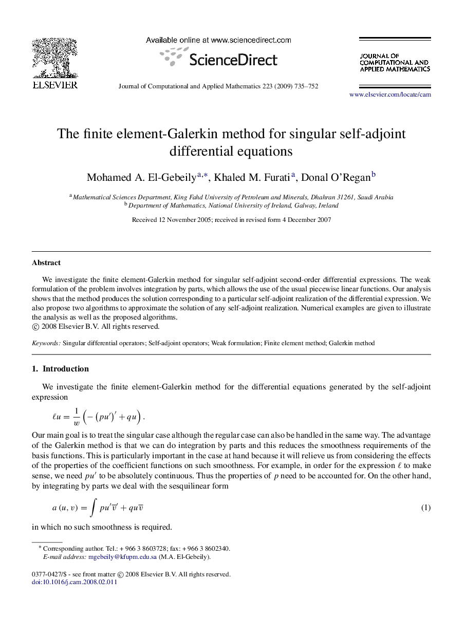 The finite element-Galerkin method for singular self-adjoint differential equations