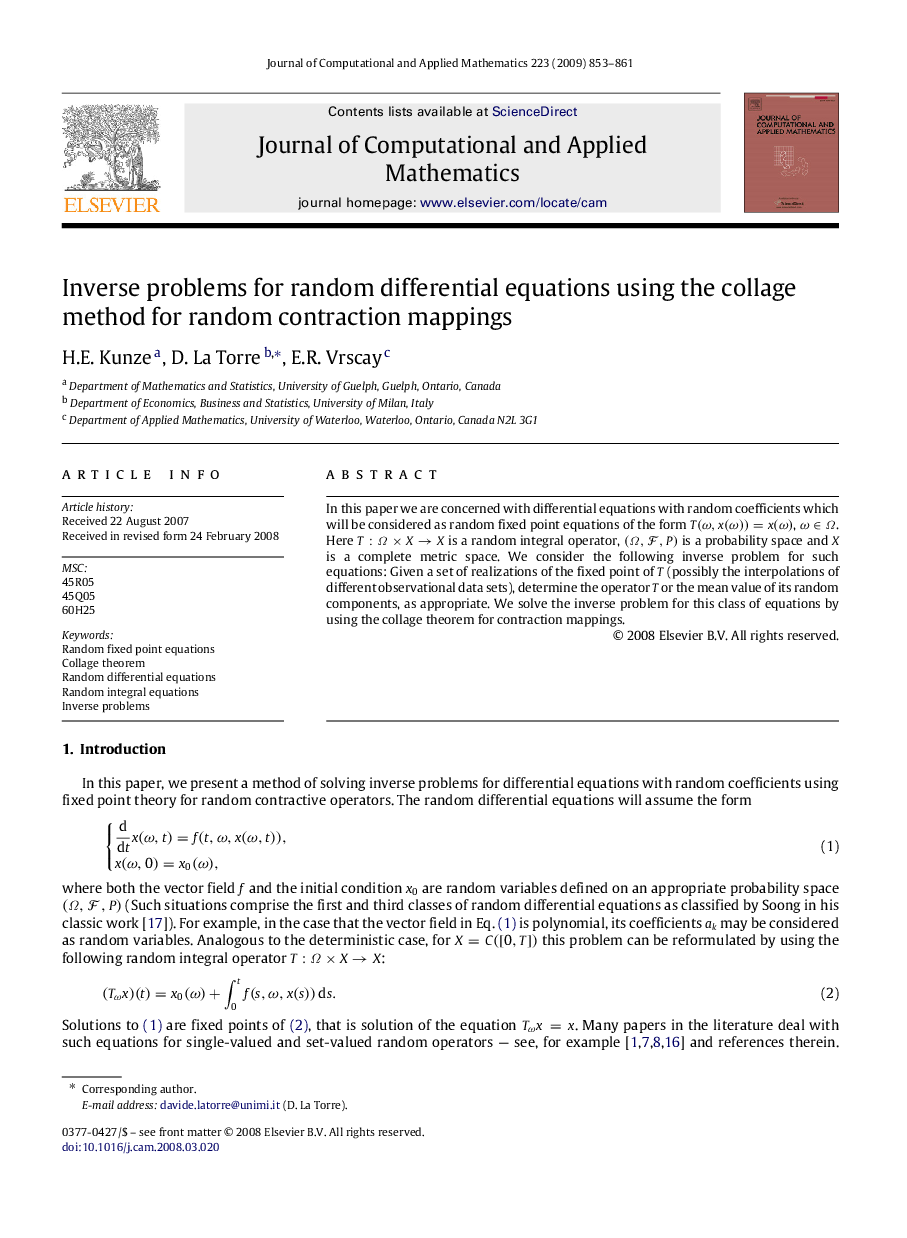 Inverse problems for random differential equations using the collage method for random contraction mappings