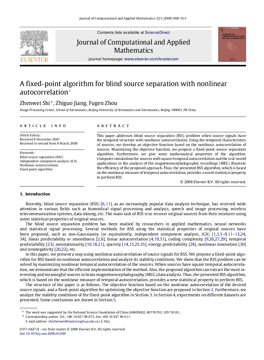 A fixed-point algorithm for blind source separation with nonlinear autocorrelation 