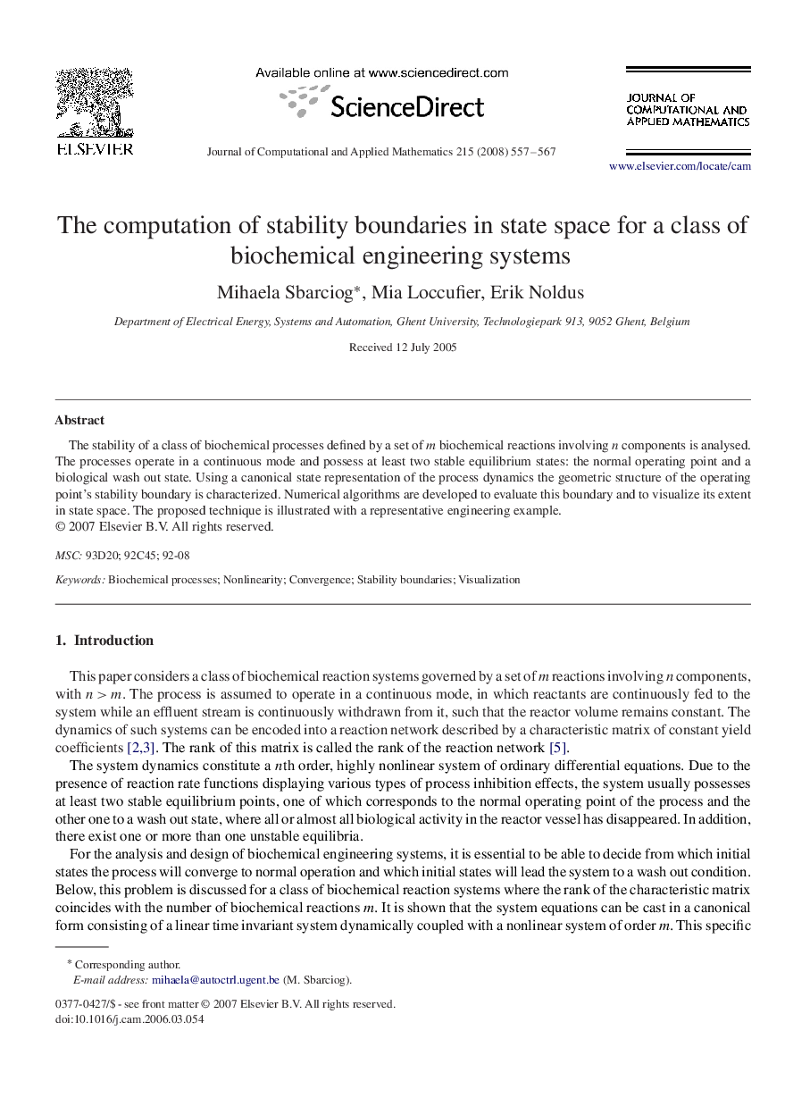 عکس صفحه اول مقاله: The computation of stability boundaries in state space for a class of biochemical engineering systems The computation of stability boundaries in state space for a class of biochemical engineering systems