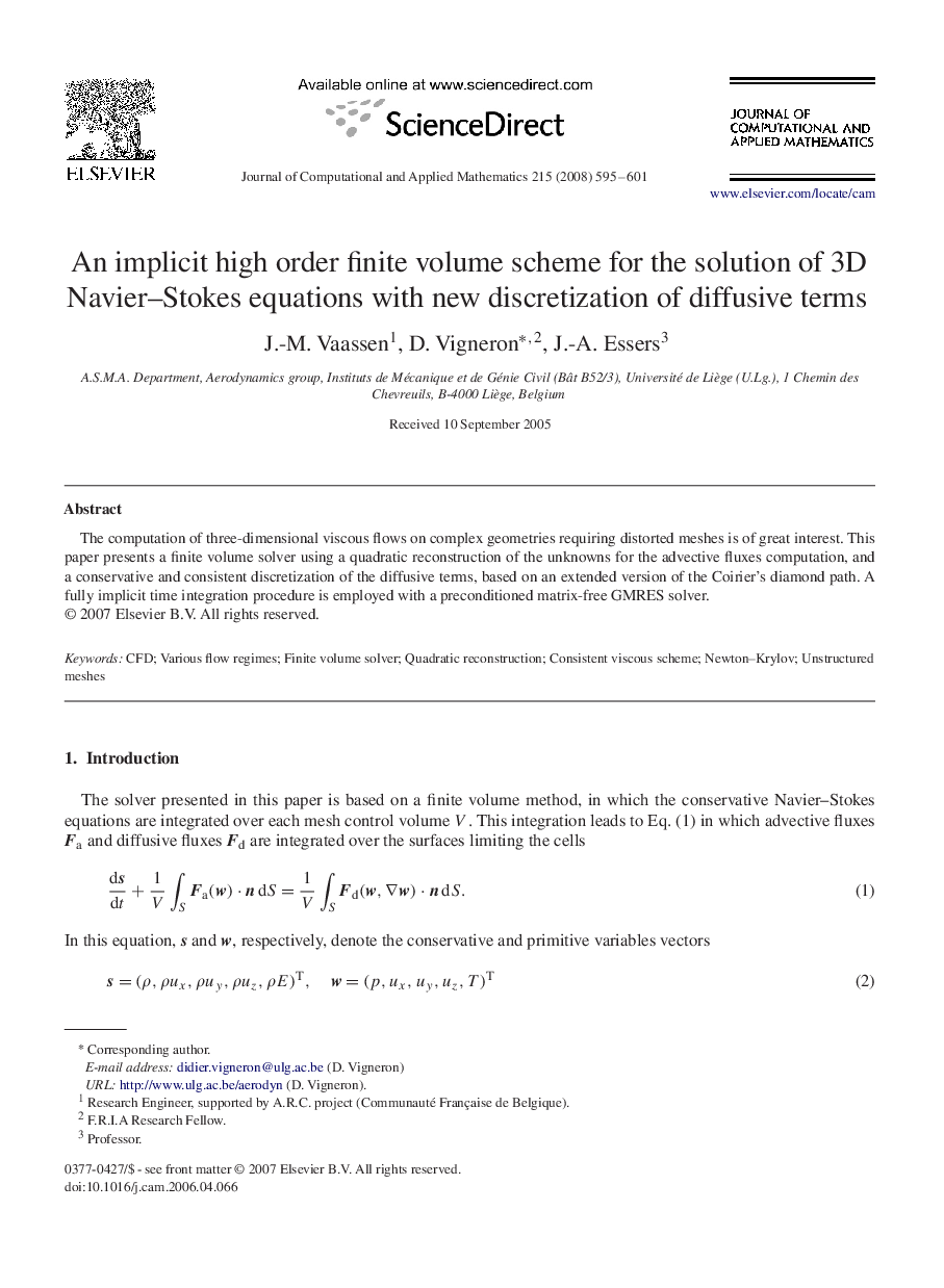 An implicit high order finite volume scheme for the solution of 3D Navier–Stokes equations with new discretization of diffusive terms