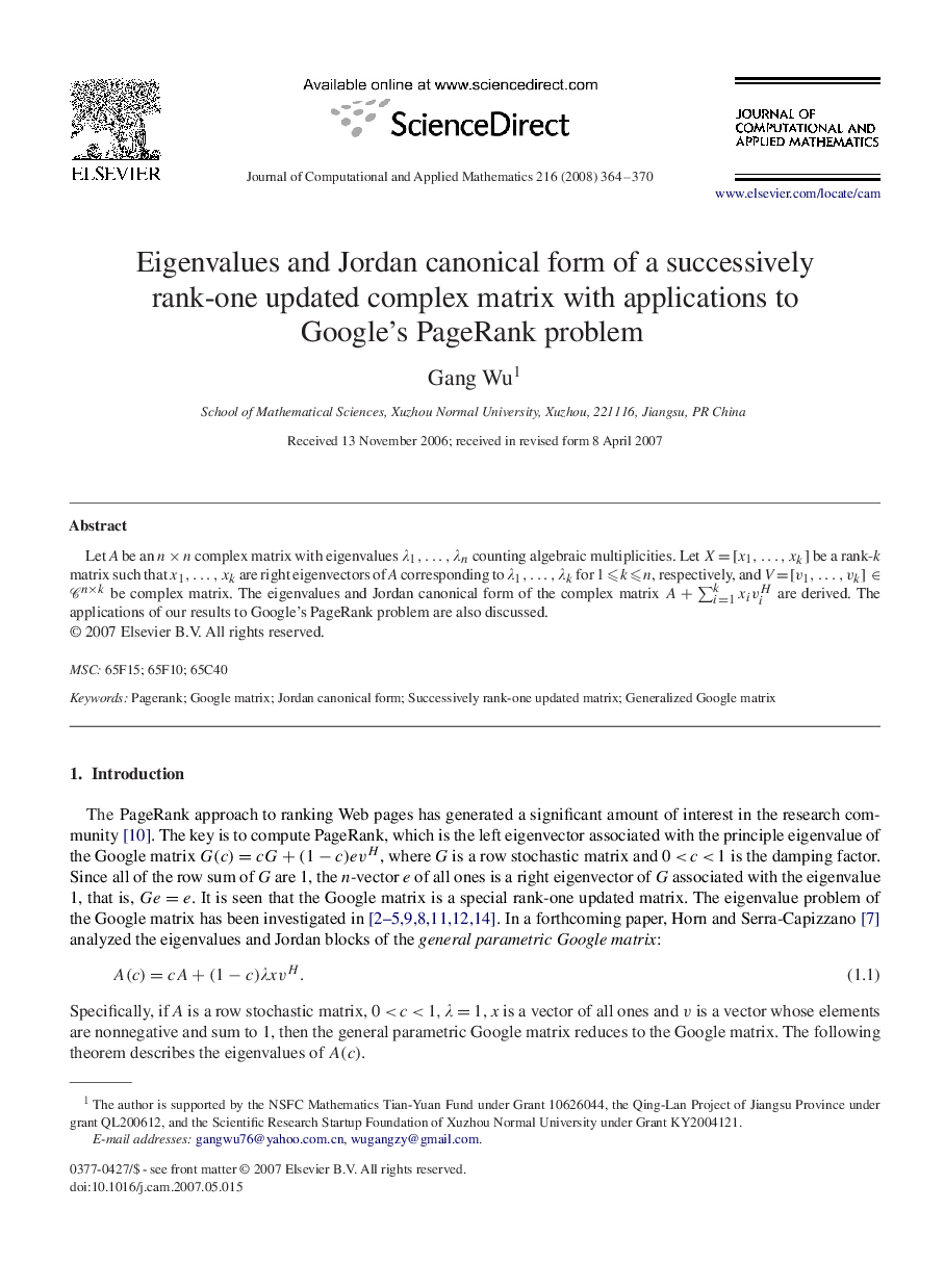 Eigenvalues and Jordan canonical form of a successively rank-one updated complex matrix with applications to Google's PageRank problem