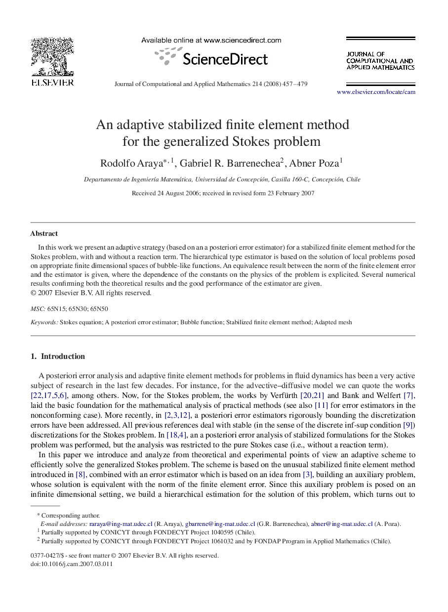 An adaptive stabilized finite element method for the generalized Stokes problem