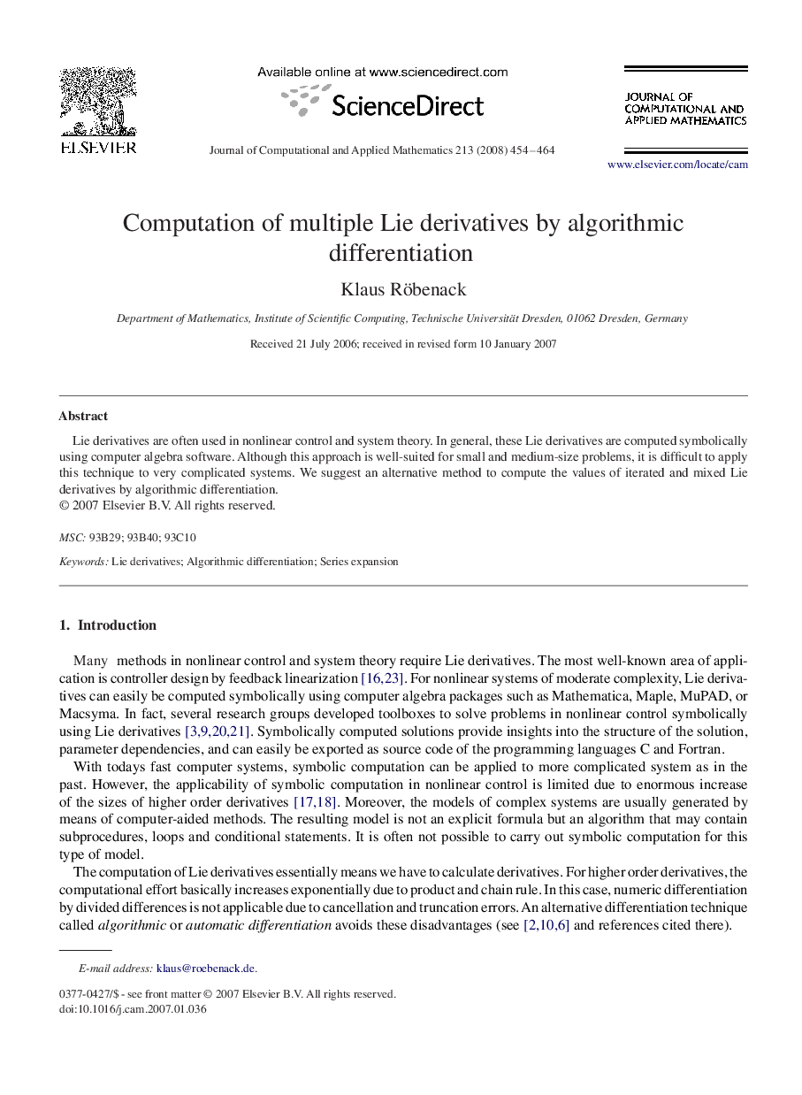 Computation of multiple Lie derivatives by algorithmic differentiation