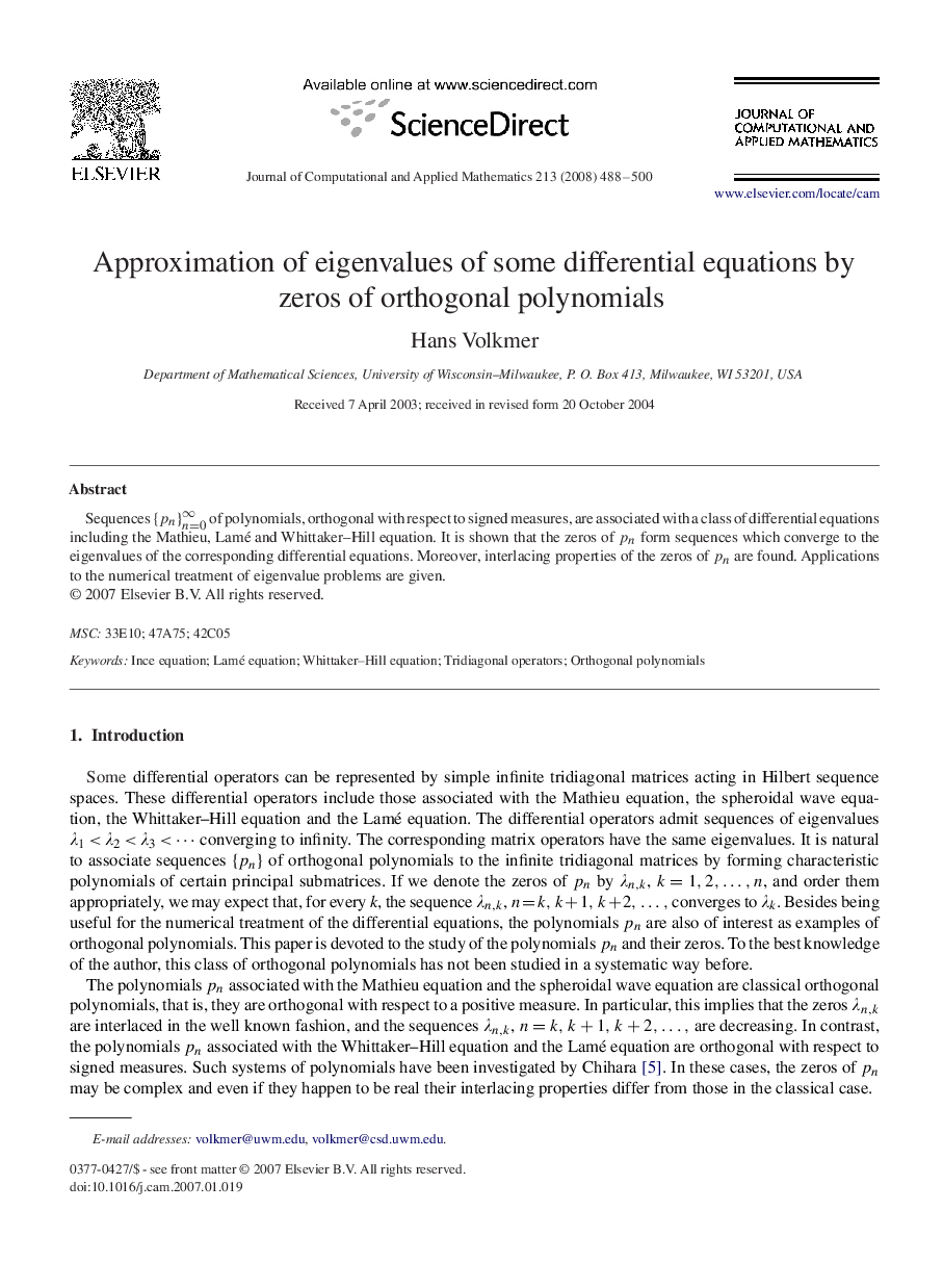 Approximation of eigenvalues of some differential equations by zeros of orthogonal polynomials