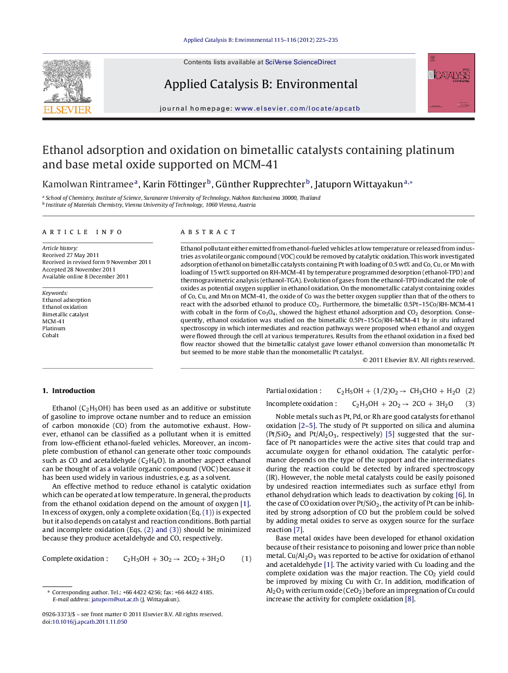 Ethanol adsorption and oxidation on bimetallic catalysts containing platinum and base metal oxide supported on MCM-41