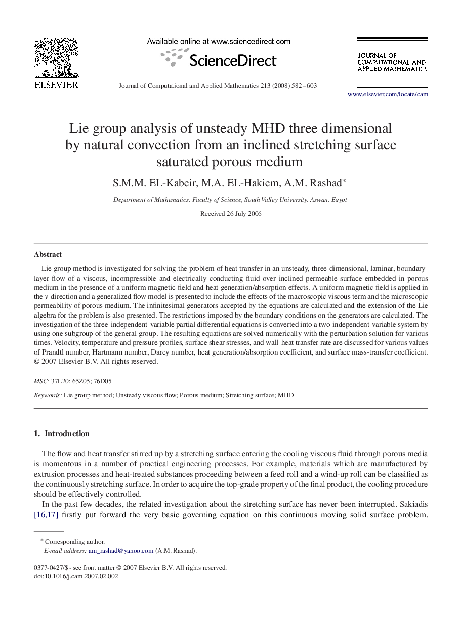 Lie group analysis of unsteady MHD three dimensional by natural convection from an inclined stretching surface saturated porous medium