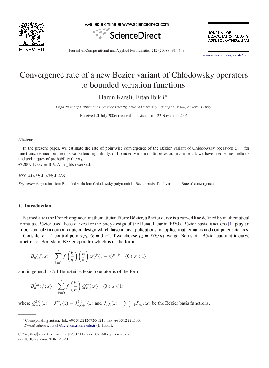 Convergence rate of a new Bezier variant of Chlodowsky operators to bounded variation functions