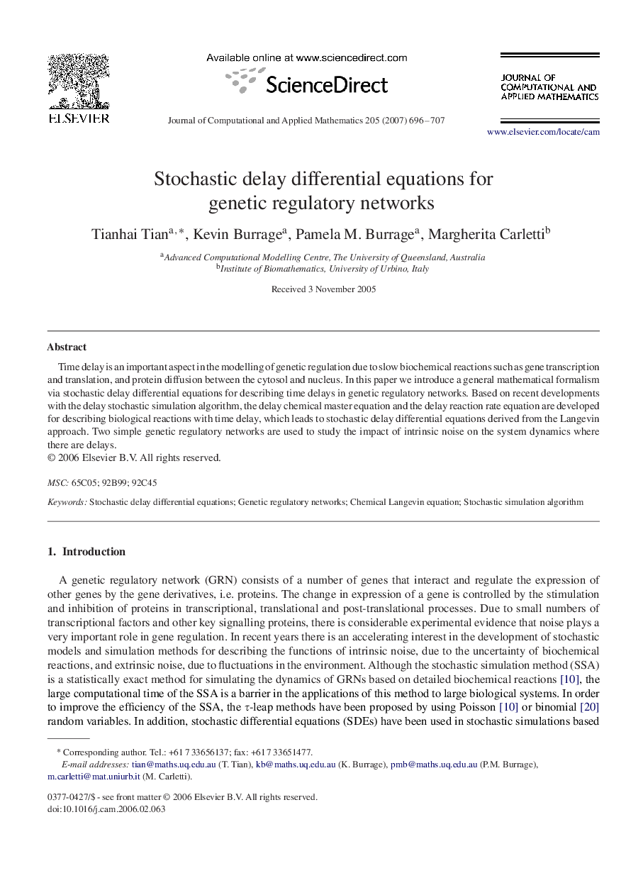 Stochastic delay differential equations for genetic regulatory networks