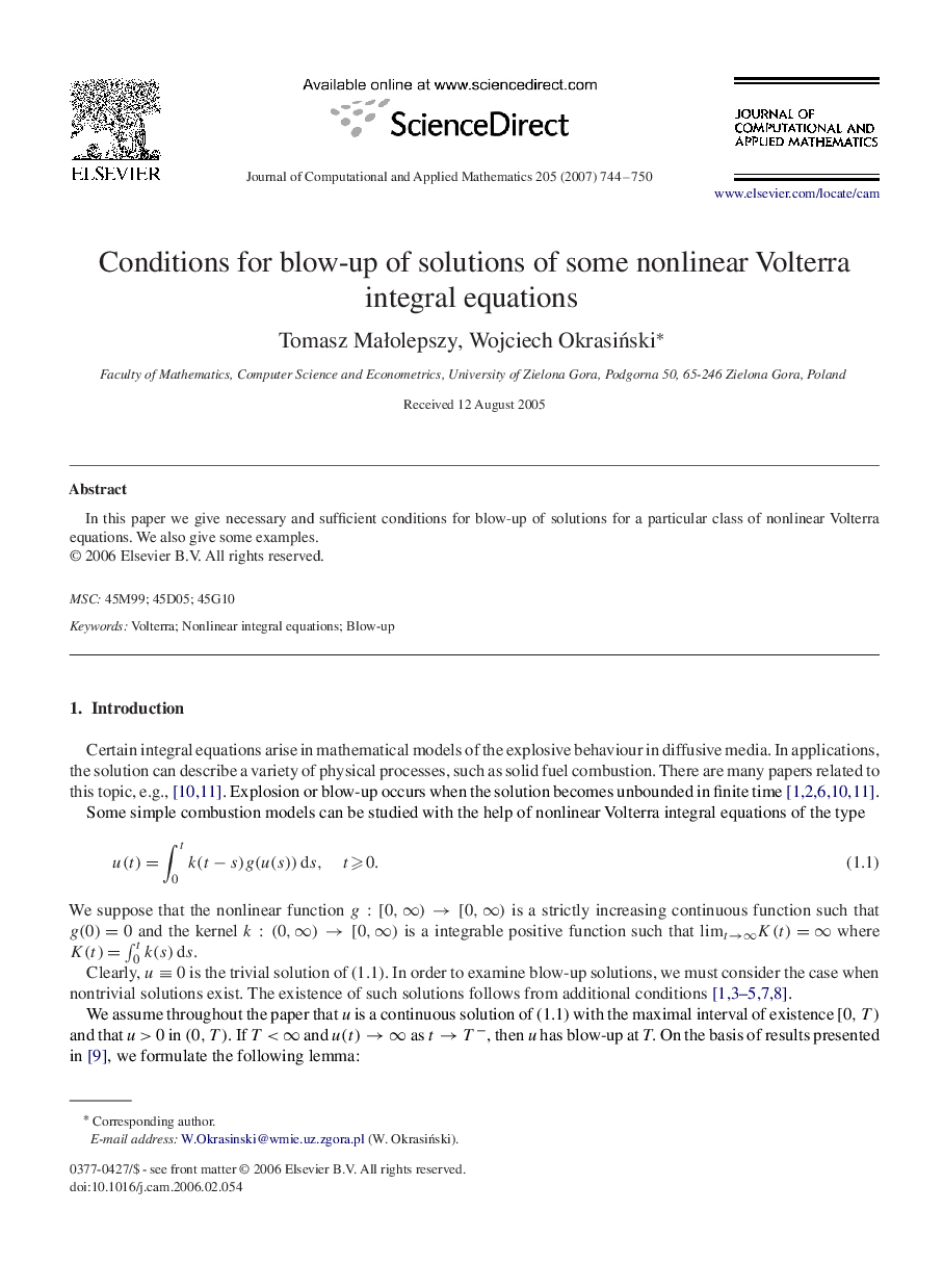 Conditions for blow-up of solutions of some nonlinear Volterra integral equations