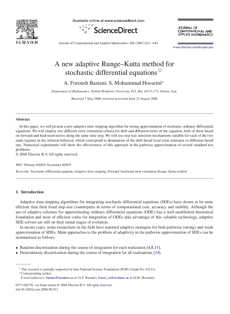 A new adaptive Runge–Kutta method for stochastic differential equations 