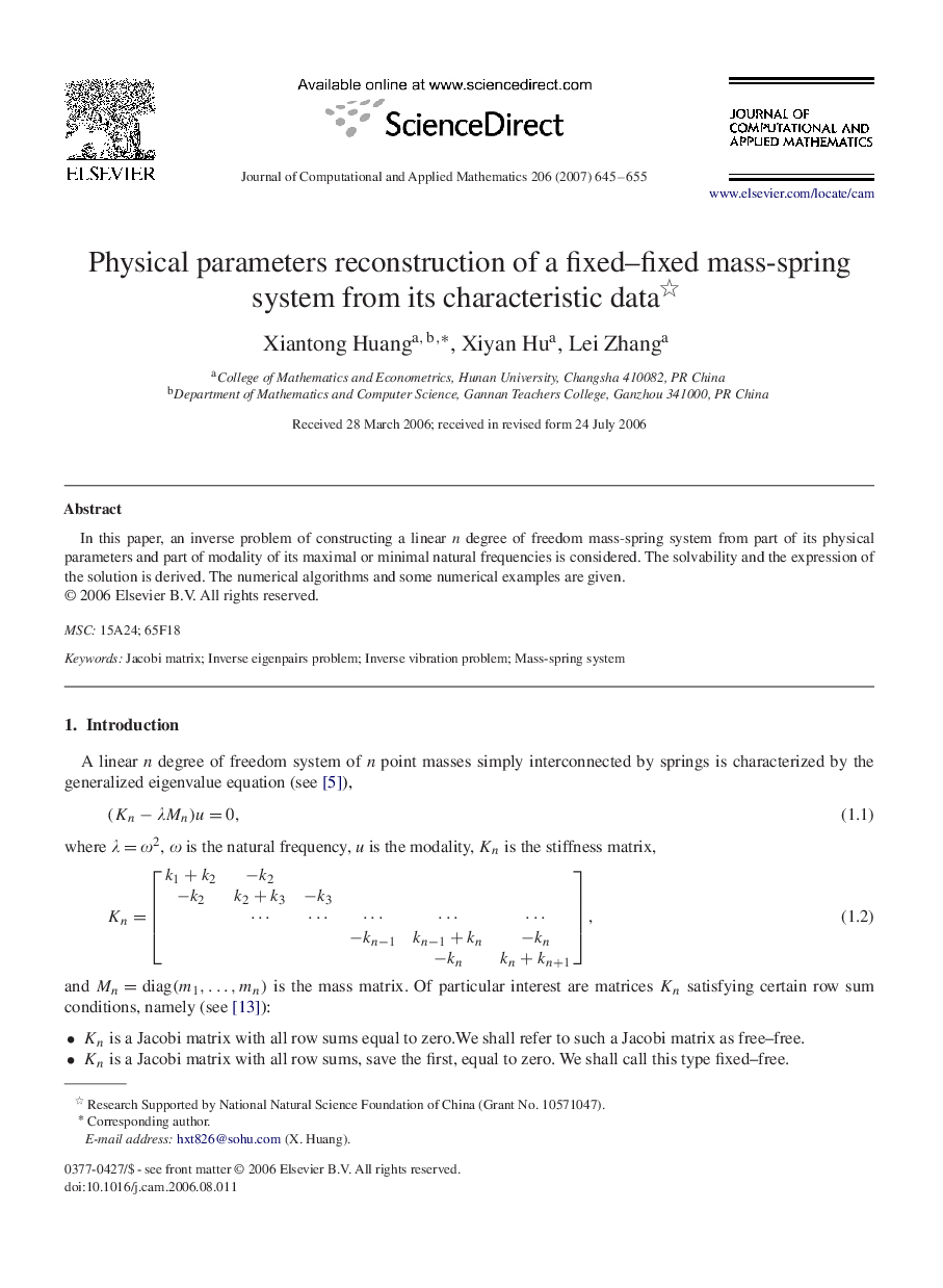 Physical parameters reconstruction of a fixed–fixed mass-spring system from its characteristic data 